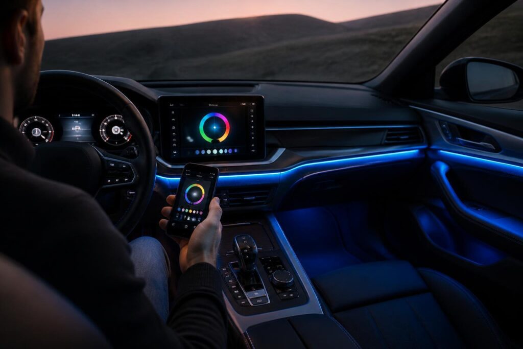 App oder Bordcomputer? Wie sich nachgerüstete Ambientebeleuchtung im Auto steuern lässt